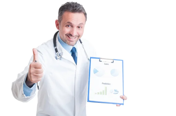 Doctor or medic showing medicine sales and financial prediction — Stock Photo, Image