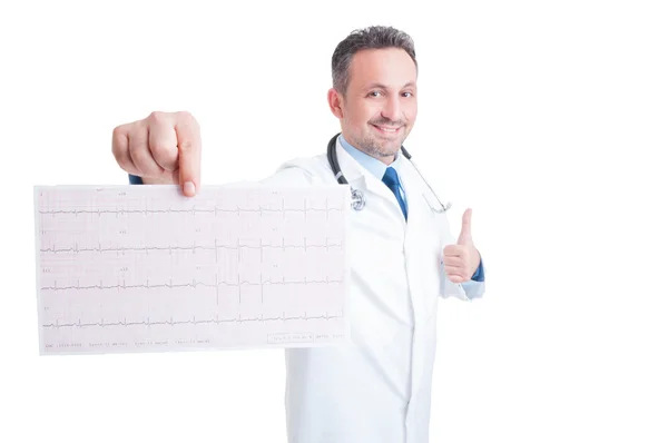 Encouraging cardiologist showing healthy ekg and like gesture — Stock Photo, Image