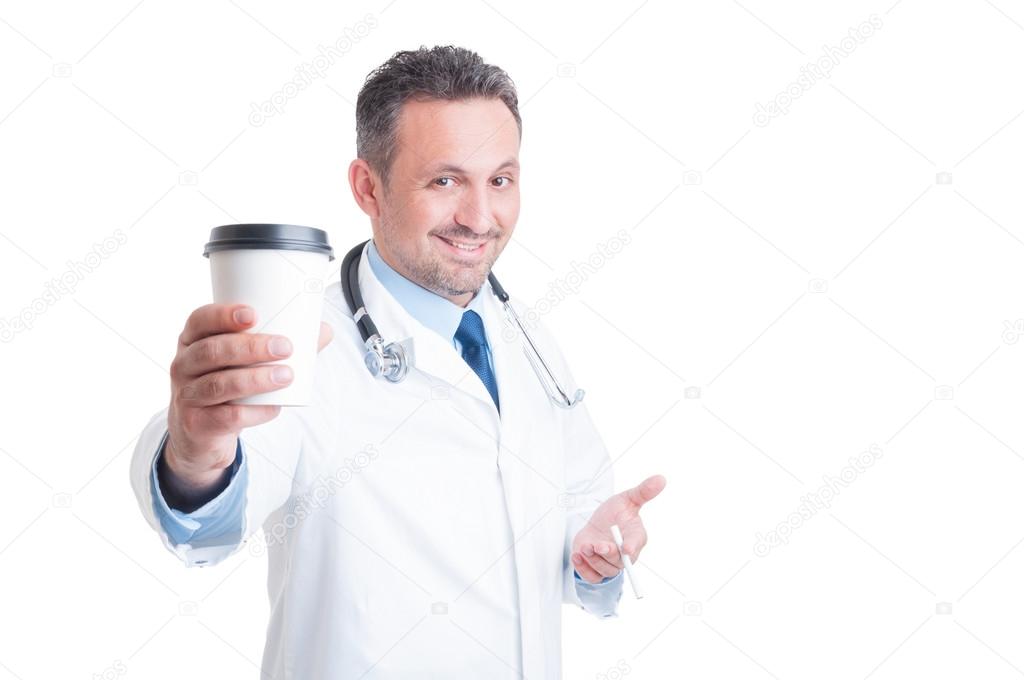 Medic or doctor having coffee and cigarette break