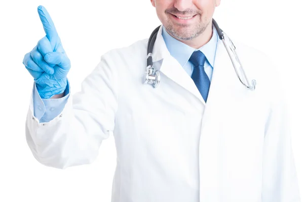 Medic or doctor pressing invisible button on transparent screen — Stock Photo, Image