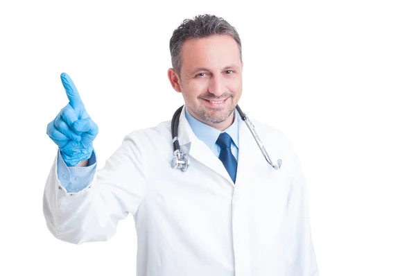 Handsome medic or doctor pressing invisible button on transparen — Stock Photo, Image