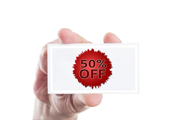 Cincuenta o 50 por ciento de descuento en la tarjeta de cupón —  Fotos de Stock