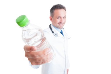 Nutritionist doctor or medic offering a bottle of water clipart