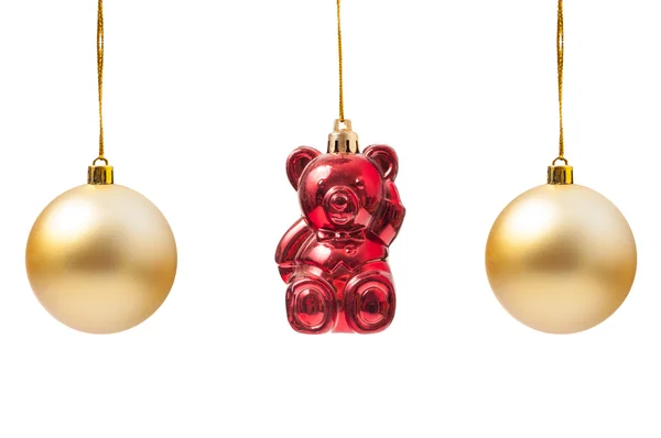 Globi d'oro di Natale e decorazione orso rosso — Foto Stock