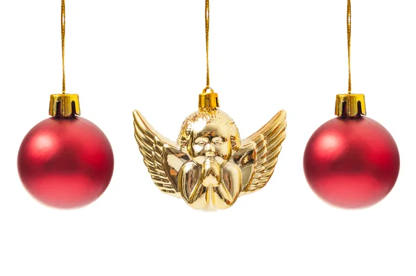 Globi rossi e una decorazione angelo di Natale — Foto Stock