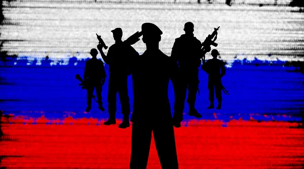 Soldados russos no fundo da bandeira — Fotografia de Stock