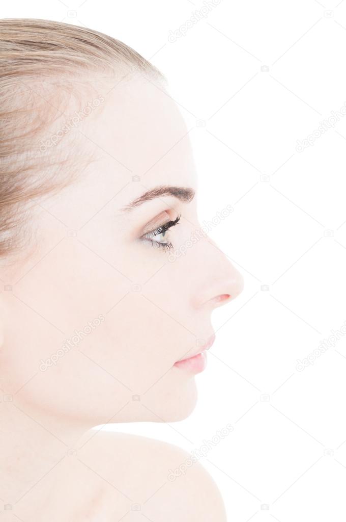 Side view of woman head on white copy space