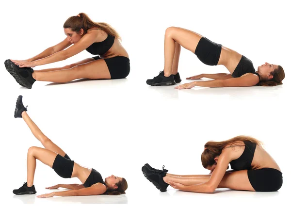 Fitness collage. Young woman doing exercise and  stretching — Stock Photo, Image