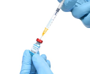 Coronavirus aşısı içeren mavi tıbbi eldivenleri teslim edin. İzole edilmiş