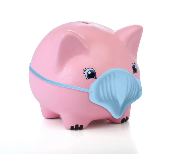 Pinkfarbenes Sparschwein Mit Medizinischer Maske Isoliert Auf Weißem Hintergrund — Stockfoto