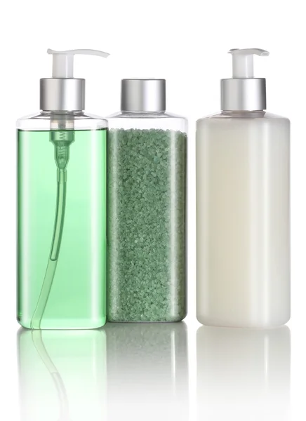 Set of bath salt, shampoo and liquid soap isolated — Stock Photo, Image