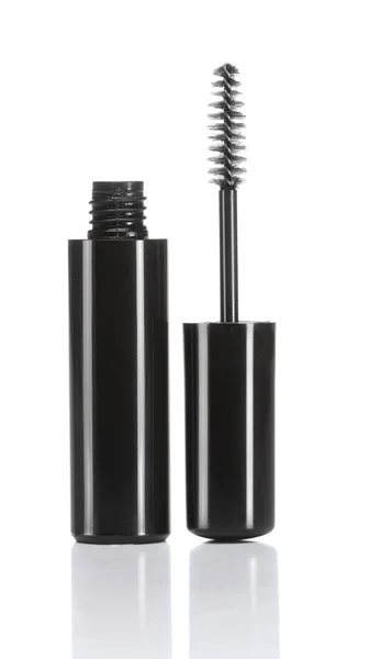 Black mascara with eyelash brush isolated on white — Stock Photo, Image