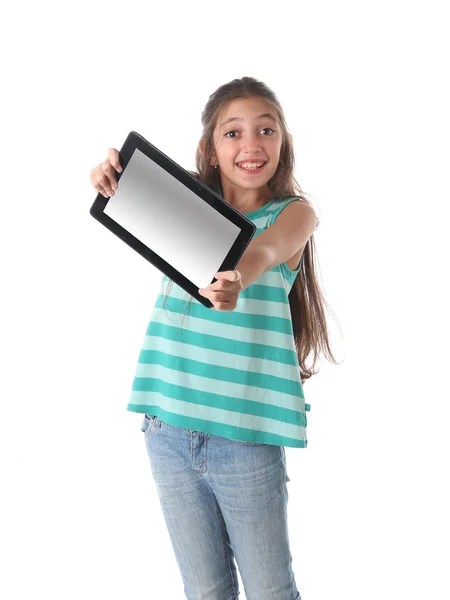 Beautiful pre-teen girl with a tablet computer. — Stock Photo, Image
