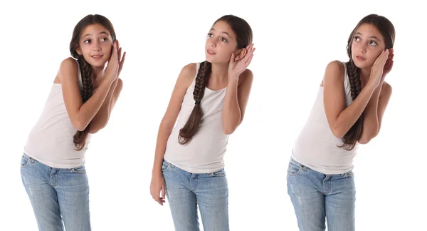 Collage de una jovencita escuchando algo . — Foto de Stock