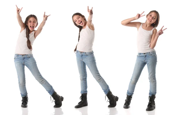 Collage eines hübschen jungen Mädchens, das positive Zeichen setzt. — Stockfoto