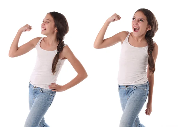 Collage van een jong meisje een overwinning vieren — Stockfoto