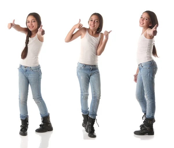 Collage de una joven encantadora haciendo signos positivos —  Fotos de Stock