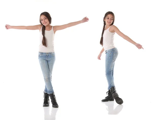 Collage van een mooie jonge meisje doet een gelukkig dans — Stockfoto
