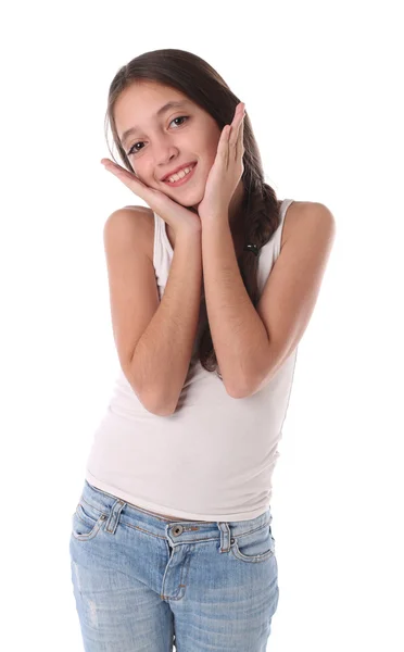 Mooi meisje met haar handen in de buurt van het hoofd. — Stockfoto