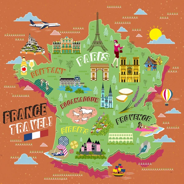 Mapa de viajes de Francia — Vector de stock