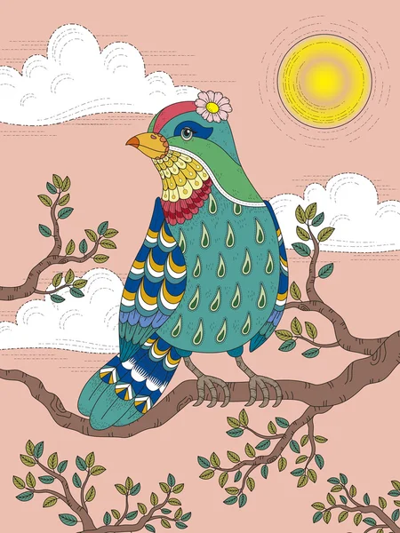 Coloriage adulte avec belle dame oiseau — Image vectorielle