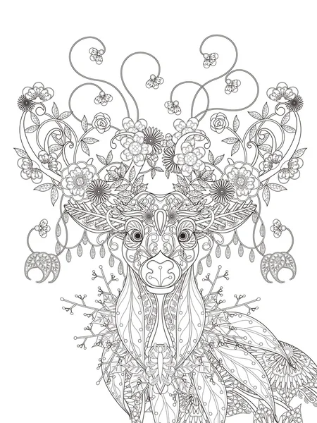 Floral deer adult coloring page — Stock Vector