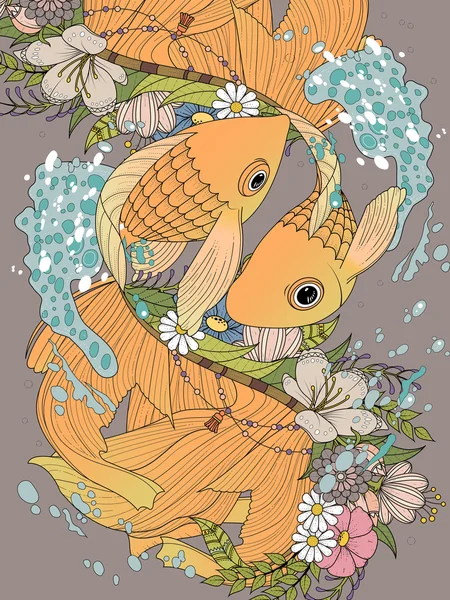 Elegant goldfish couple coloring page — Stock Vector