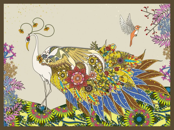 Blommig fjäder peacock målarbok — Stock vektor