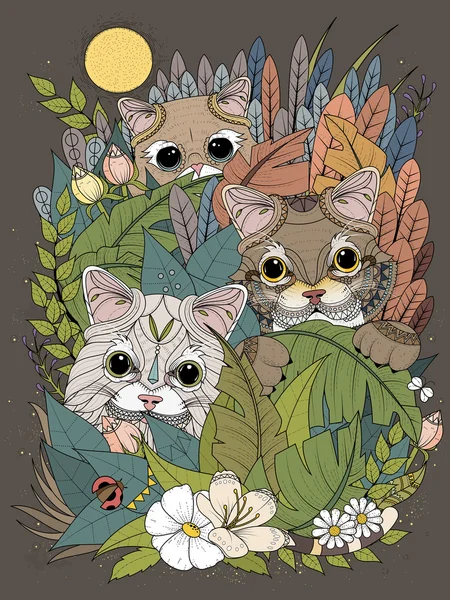 Gatitos salvajes adulto para colorear página — Vector de stock