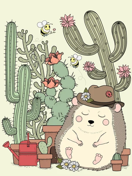 Erizo adorable con cactus — Vector de stock