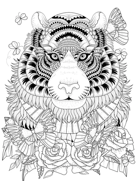Imposing tiger adult coloring page — Stock Vector