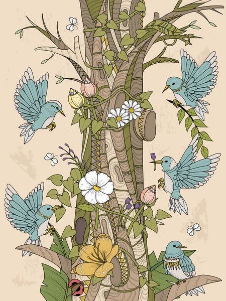 Aves con elementos florales — Vector de stock