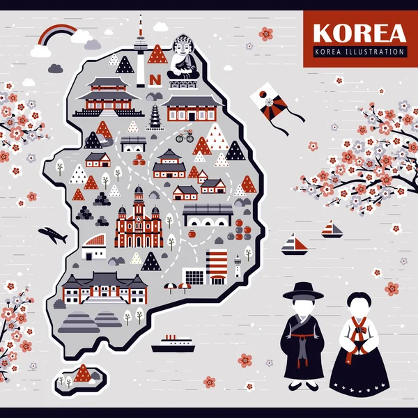 Mapa turístico de Corea — Vector de stock
