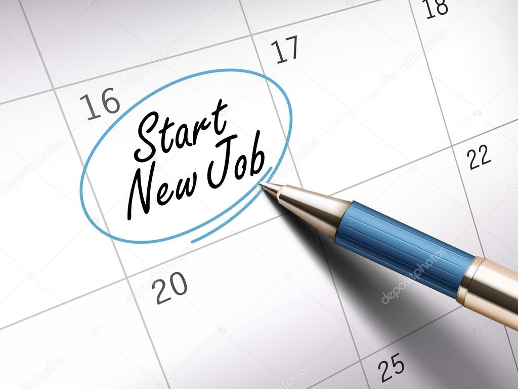 Start new job words circle marked on a calendar by a blue ballpoint pen