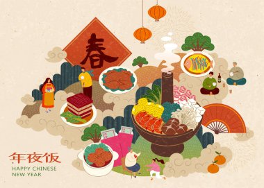 Yeni yıl arifesinde aile toplantısı için Çin yemeği. Bahar çifti üzerine yazılmış Çince karakter ilkbaharda, ve arka planda ise yeni yıl yemeği.