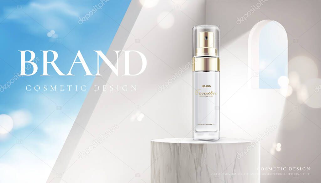 Beauty product on marble stage with a sunshine coming through a window. Branded cosmetic cream advertisement.