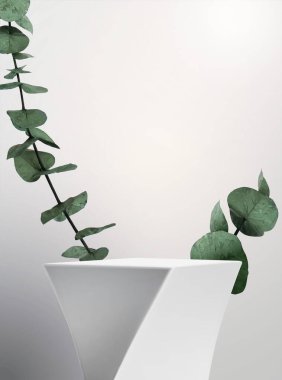 Soyut tasarım standı beyaz arkaplan üzerine bir bitki ile 3D illüstrasyon reklam için yeni ürünler göstermek için