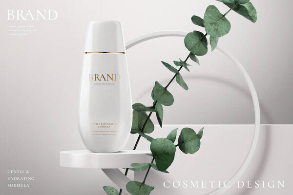 Hydration cosmetic cream on a white stage with plant in 3d illustration. Beauty cream ads template.