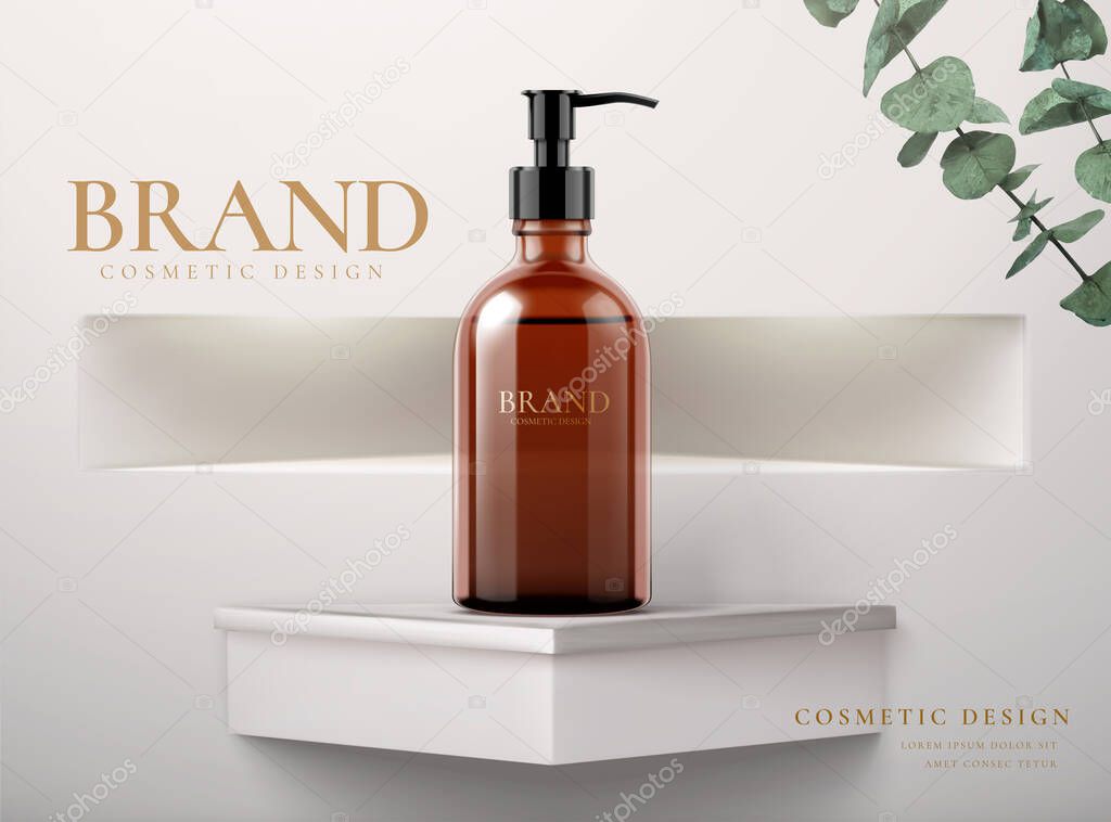 Cosmetic product poster, brown liquid bottle on a geometric stage in 3D illustration