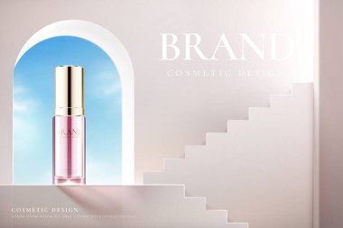 Kozmetik ürün reklamının 3 boyutlu illüstrasyonu. Cilt bakımı merdiveni olan bir pencerede