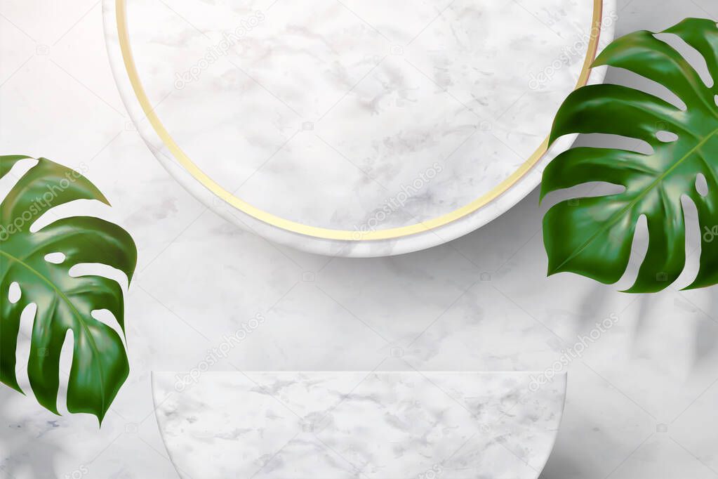 White marble podium with big green leaves. Scene stage mockup Showcase for new product, promotion sale in 3d illustration