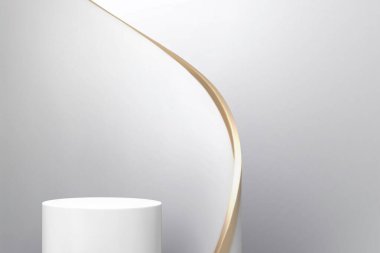 Beyaz ve altın renkli kağıt kıvrımlı ürün sergisi için yuvarlak bir sahne. Beyaz stüdyo arka planında ürün görüntüleme sahnesinin 3D çizimi