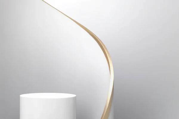 白と金色の紙の渦の流れと製品表示のためのラウンドステージ 白いスタジオの背景に製品表示ステージの3Dイラスト — ストックベクタ