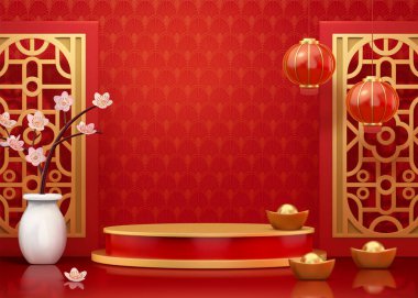 Çin Yeni Yıl afiş şablonu, merkezinde bir sahne ile dizayn edilmiş, 3 boyutlu resimleme arka planında fenerler, külçeler ve çiçekler asılı, iş tanıtımı için uygun.