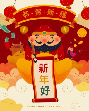 Sevimli tombul Caishen, Çin metinlerinde Mutlu Yıllar 'ı yazıyor ve bulutların üzerinde dev altın külçeler üzerinde duruyor.