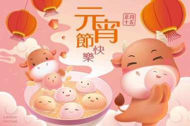 CNY Yuendiao posteri, Çin burcu işareti. Tatlı inekler, arkasında fener ve bulut olan pirinç toplarının keyfini çıkarıyorlar. Çeviri: 15 Ocak, Mutlu Fener Festivali