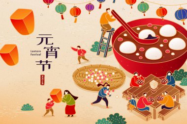 Yüzü olmayan Asyalı minyatür insanlar büyük bir kâse ve fenerlerin etrafında pirinç toplarının tadını çıkarıyorlar. Çeviri: CNY Yuenzo Festivali, 15 Ocak