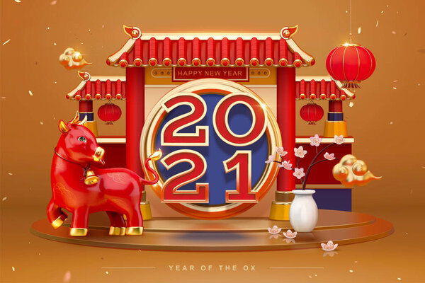 Luxury greeting card for 2021 Chinese new year. 3d Chinese temple gate podium decorated with cute ox.