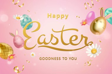 3D yaratıcı Paskalya yumurtası. Yumurta süslemeleri ve tavşan oyuncaklarıyla süslü altın kaligrafi..