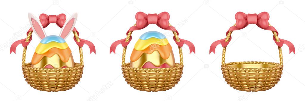 3d luxury Easter egg basket collection. Holiday elements isolated on white background.